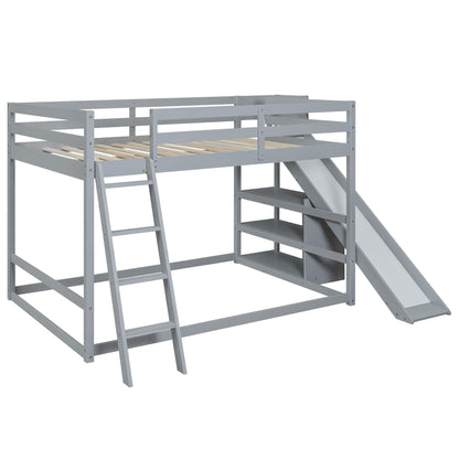 Merax Modern Full Over Full Wood Bunk Bed with Ladders and Slide, Floor Bunk Bed Frame with Storage Shelves, No Box Spring Needed, Space-Saving Grey