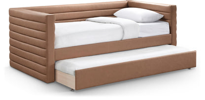Meridian Furniture BeverlyCognac-T Beverly Collection Modern | Contemporary Twin Daybed with Soft Cognac Premium Vegan Leather, Deep Channel Tufting, Twin Trundle, 87" W x 43.5" D x 34" H, Cognac