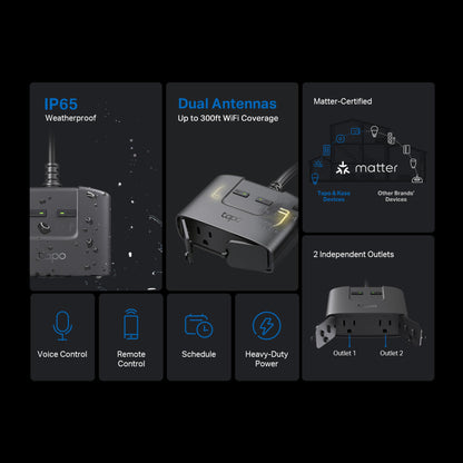 Tapo Outdoor Smart Dimmer Plug for Outdoor Lights, Matter, App Control, IP65 Weather Resistant, Works with Siri, Alexa, Google, ETL Certified, Energy Monitoring,150WLED/CFL, 2.4GHZ WiFi Only, P430M