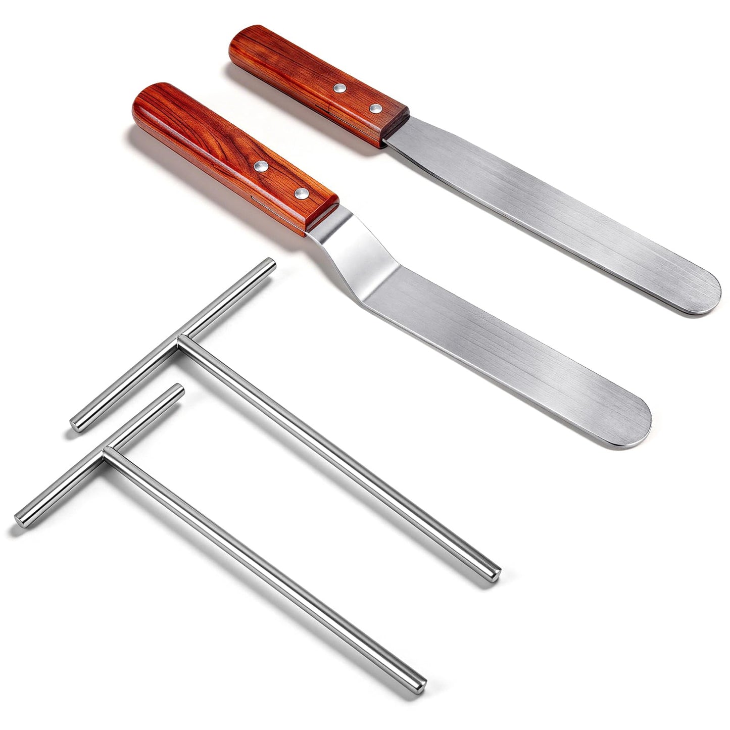 Lainballow Crepe Spreader and Spatula Kit, 7" & 5" T-Shaped Batter Spreaders and Wood Handle Offset Spatula Curved and Straight, Stainless Steel Pancake Tool, Batter Spreaders Fit Any Crepe Pan Maker