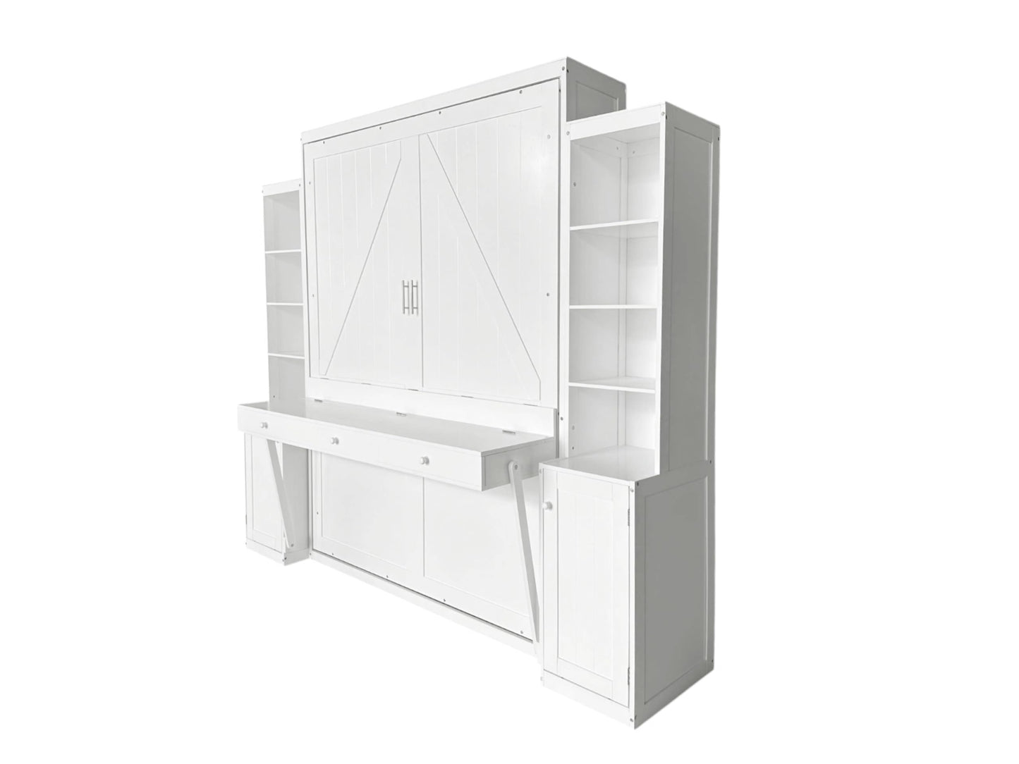 PVWIIK Queen Size Murphy Bed with Desk & Storage Cabinet,Shelf,Wall Bed Frame Folding into Cabinet Design w/Multifunctional Bed Frame for Small Space,Bedroom,Guest Room,White