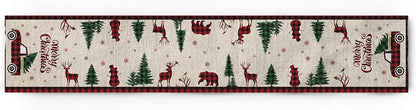 Christmas Truck Cotton Linen Table Runners, 90 Inches Long, Red Buffalo Plaid Non-Slip Burlap for Holiday Decor