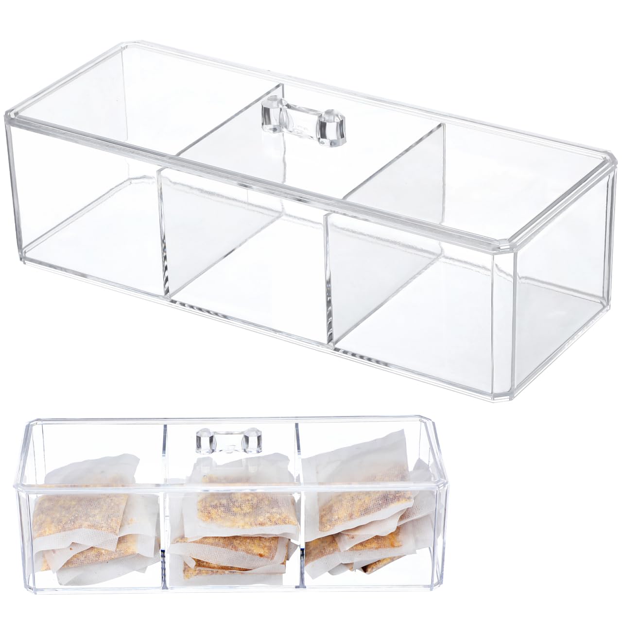 Unomor Tea Bag Organizer Box with Lid - Divided Acrylic Tea Storage Chest 9.17X3.74X3.26In Multi-Compartment Bag Holder for Kitchen Countertop Office and Home
