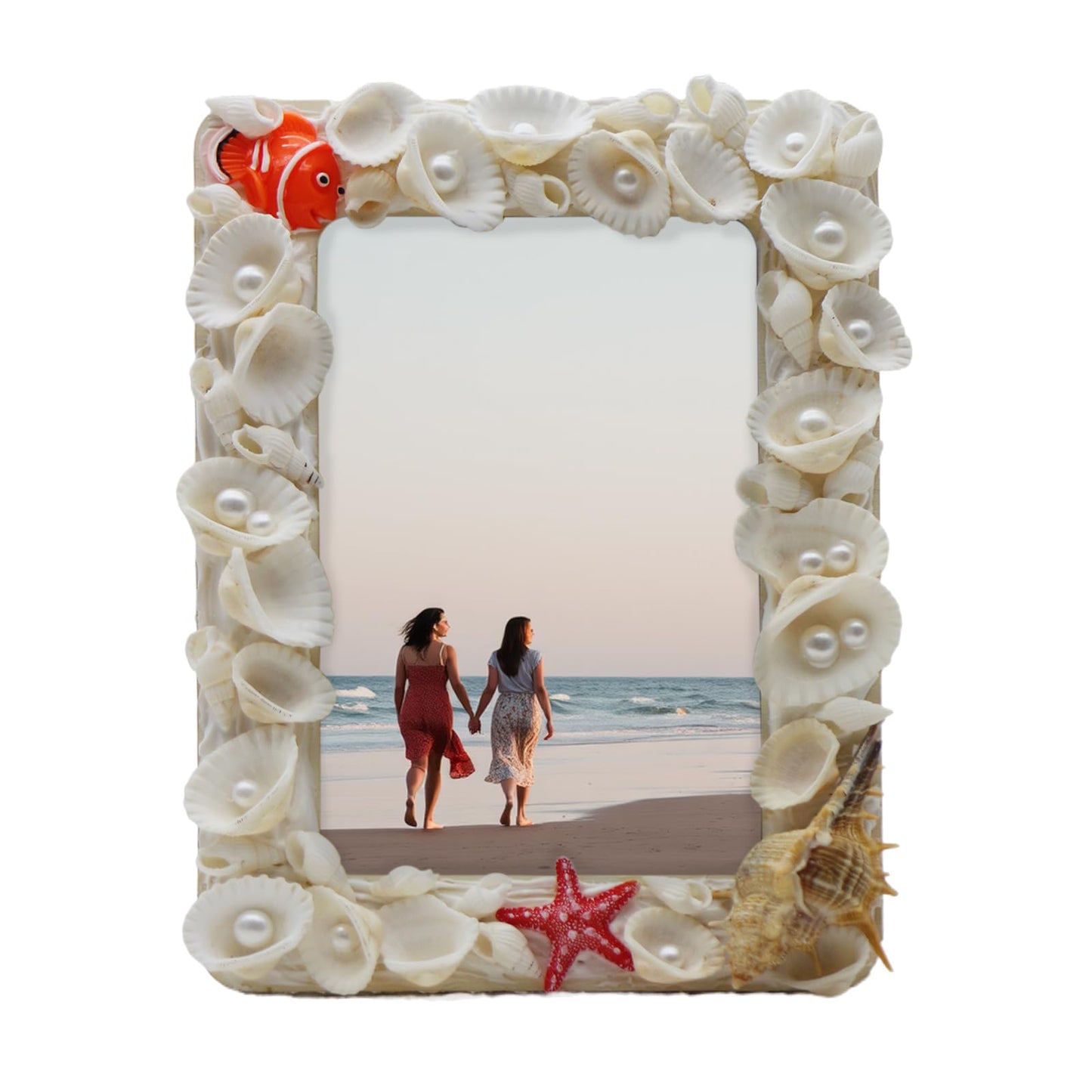 Fenzonmic DIY Wooden Photo Frame Kit – Includes Cream Glue Gun & Resin Decor (Shells, Pearls, Sea-Themed) for 4x6 Inch (10x15cm) Pictures, Creative Craft Gift for Friends, Family