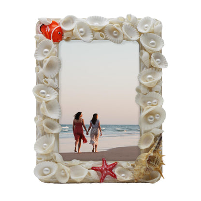 Fenzonmic DIY Wooden Photo Frame Kit – Includes Cream Glue Gun & Resin Decor (Shells, Pearls, Sea-Themed) for 4x6 Inch (10x15cm) Pictures, Creative Craft Gift for Friends, Family