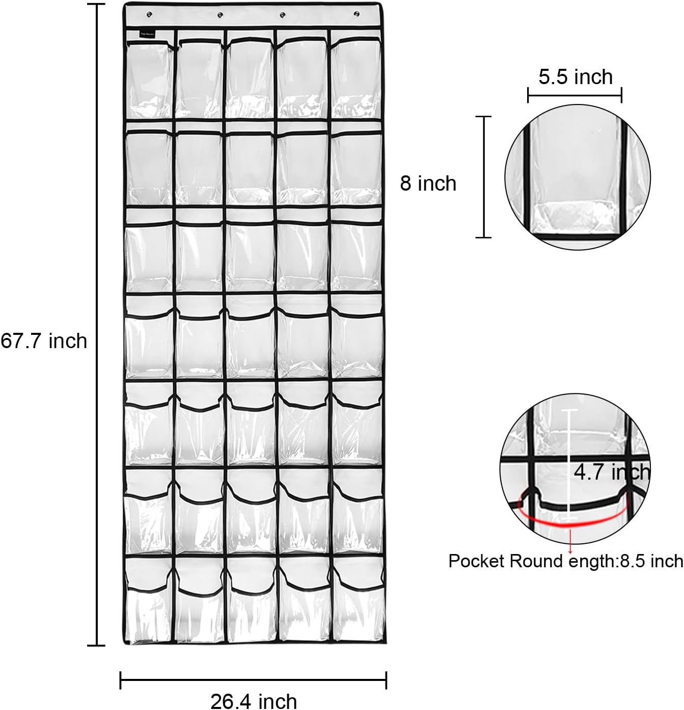 1 Pack 35 Closet 4Hooks, (67.7'' 26.4'') Clear Crystal Pockets Large Hanging Shoe Organizer Over The Door Shoe Rack