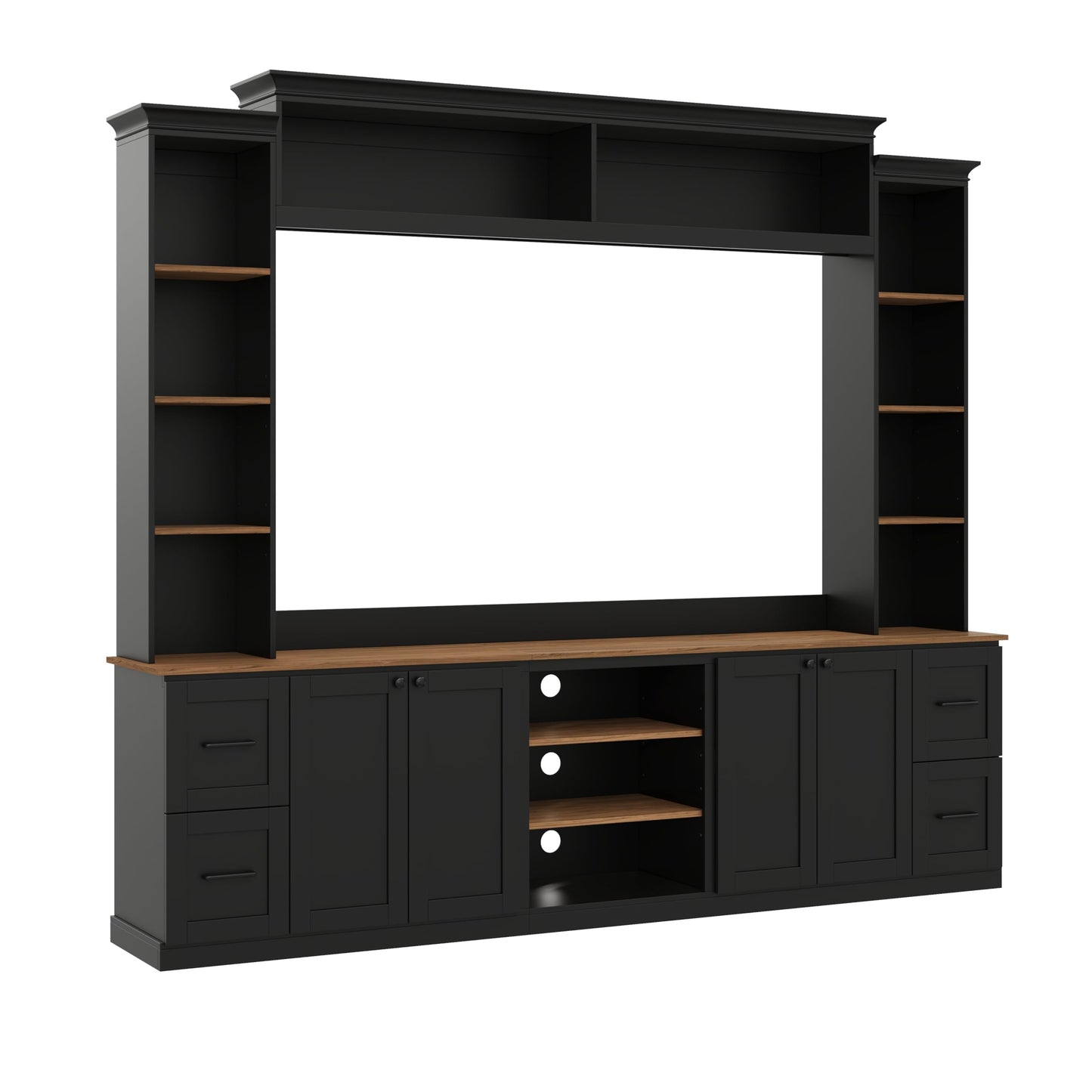 Ball & Cast 94.8" Entertainment Center Wall Unit with Bookshelf for TVs Up to 70",Farmhouse Large TV Stand with Walnut Adjustable Shelves,Retro Media Console with 4 Drawers for Living Room,Black