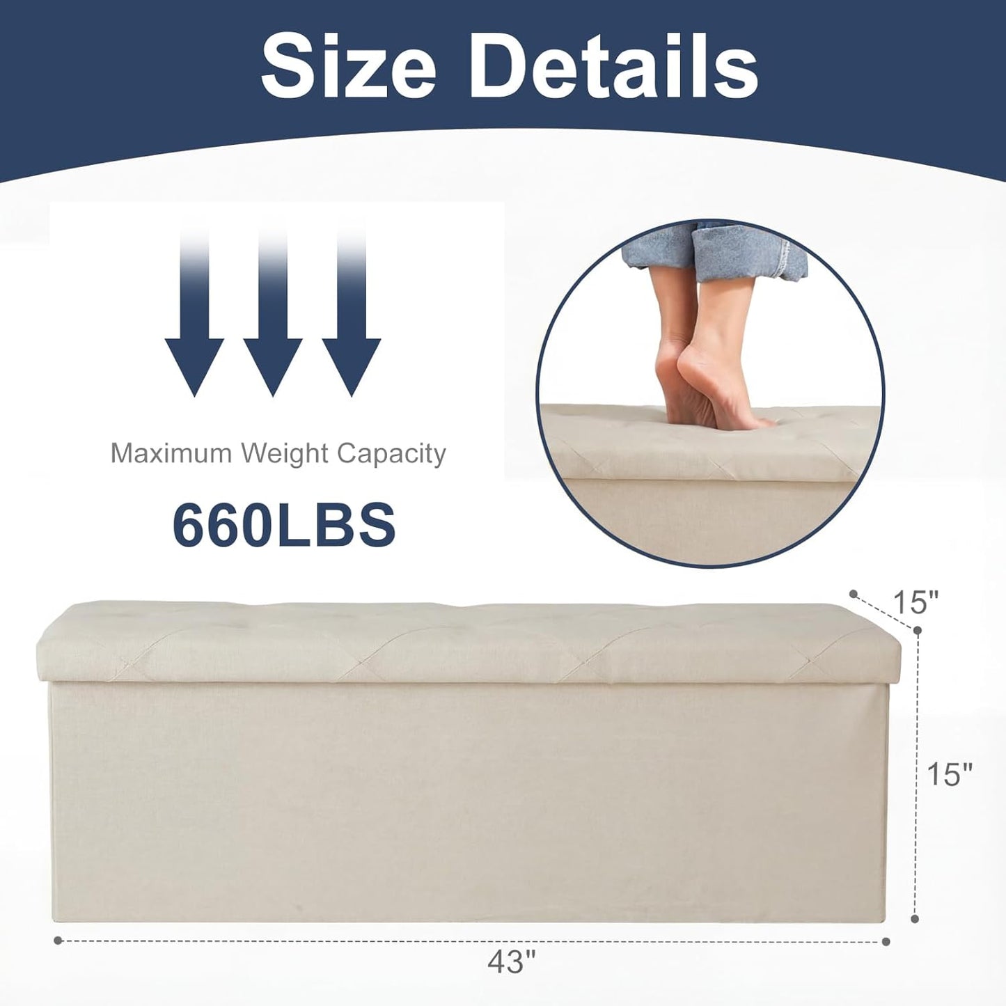 43in 660lbs, DUMOS Foldable Storage Ottoman Bench, Storage Chest, Large End of Bed Foot Rest Stool with Padded Seat