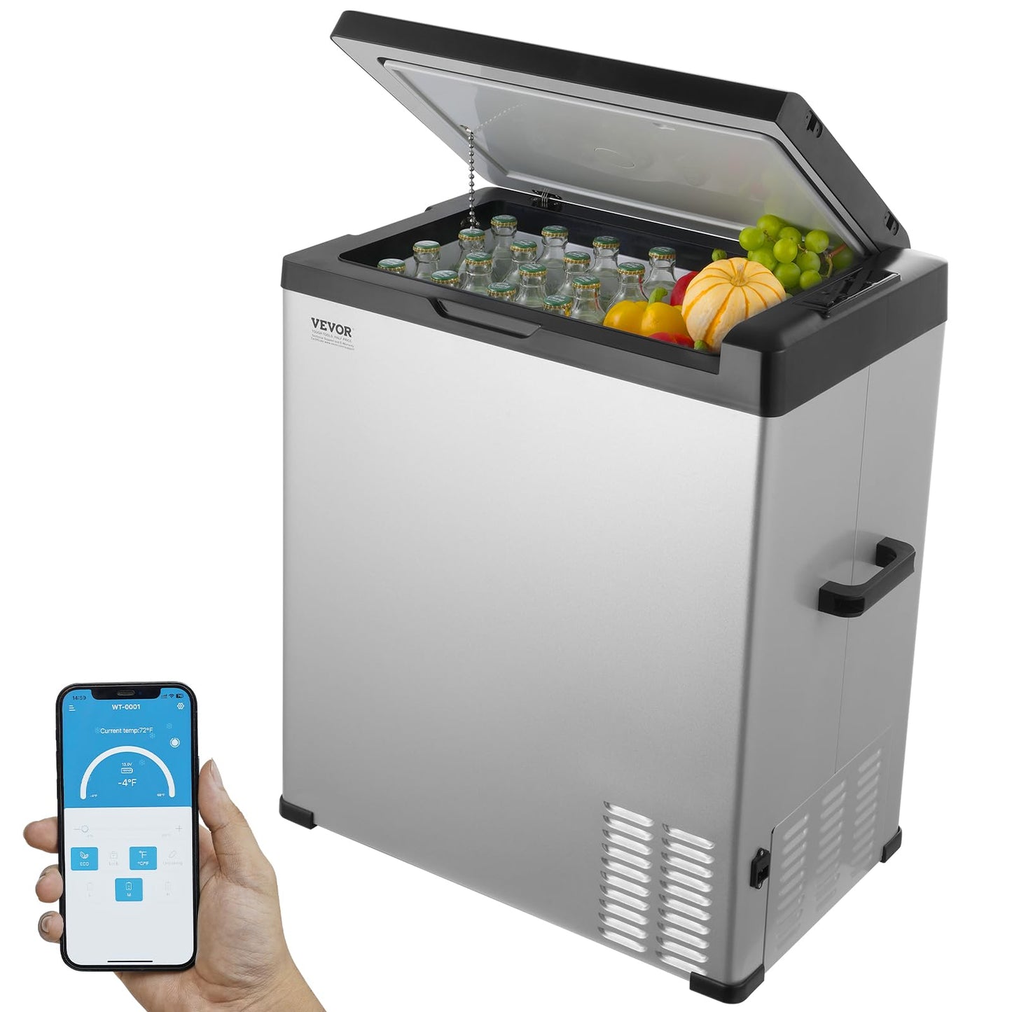VEVOR 12 Volt Car Refrigerator Fridge, 70Liter(74qt) Single Zone Portable Freezer, -4℉-68℉ Adjustable Range, 12/24V DC and 100-240V AC Compressor Cooler for Outdoor, Camping, RV, Silver