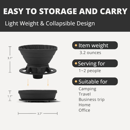 Collapsible Pour Over Coffee Dripper, Silicone Reusable Maker for Camping, Travel, Home & Office, 1-2 Cup
