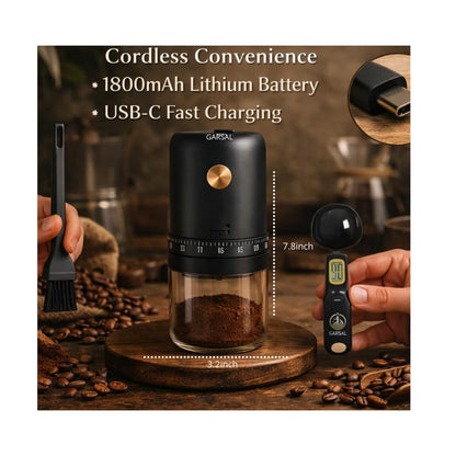 Garsal home. Electric Burr Coffee Grinder with 40 Grind Settings, Stainless Steel Conical Blades, Digital Measuring Spoon, USB-C Rechargeable Battery.