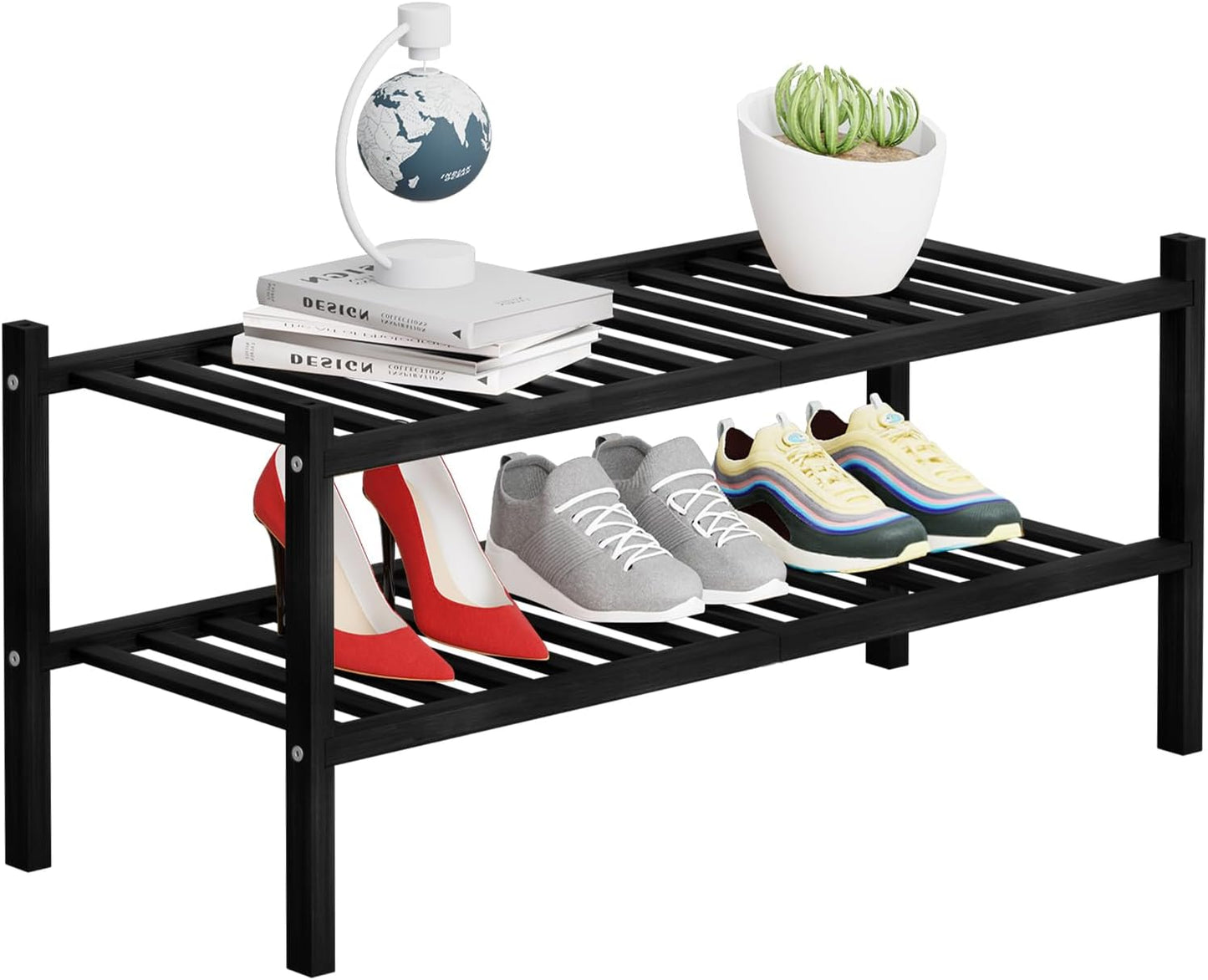 2 Closet, 27"x11"x13" 2 Tier Bamboo Shoe Rack Storage Organizer for Multifunctional Stackable Free Standing Shoe Shelf