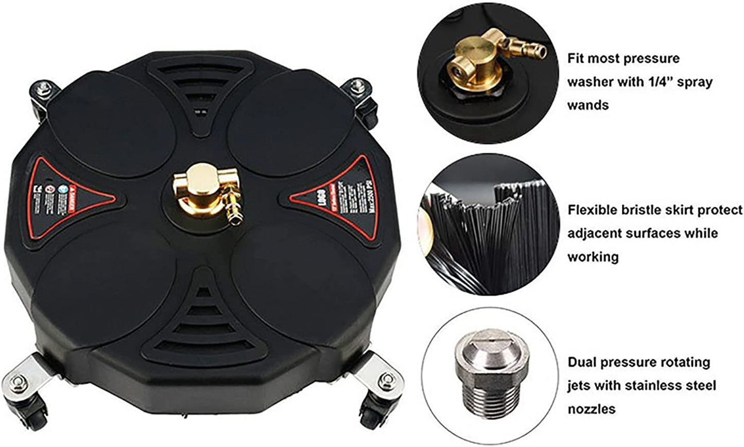 TRELVEX 13 Inch Pressure Washer Surface Cleaner Attachment with Wheels, with 2 Power Washer ExWands and 2 Replacement Nozzles, 3600 PSI