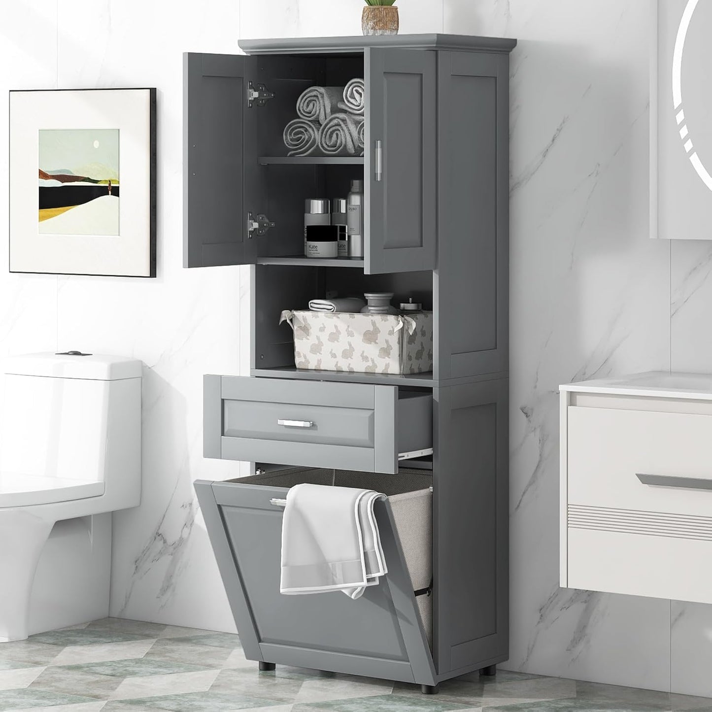 Virubi Tall Laundry Cabinet with Tilt Out Laundry Hamper and Drawer, Modern Wood Bathroom Storage Cabinet with Doors and Adjustable Shelves, Freestanding, Grey