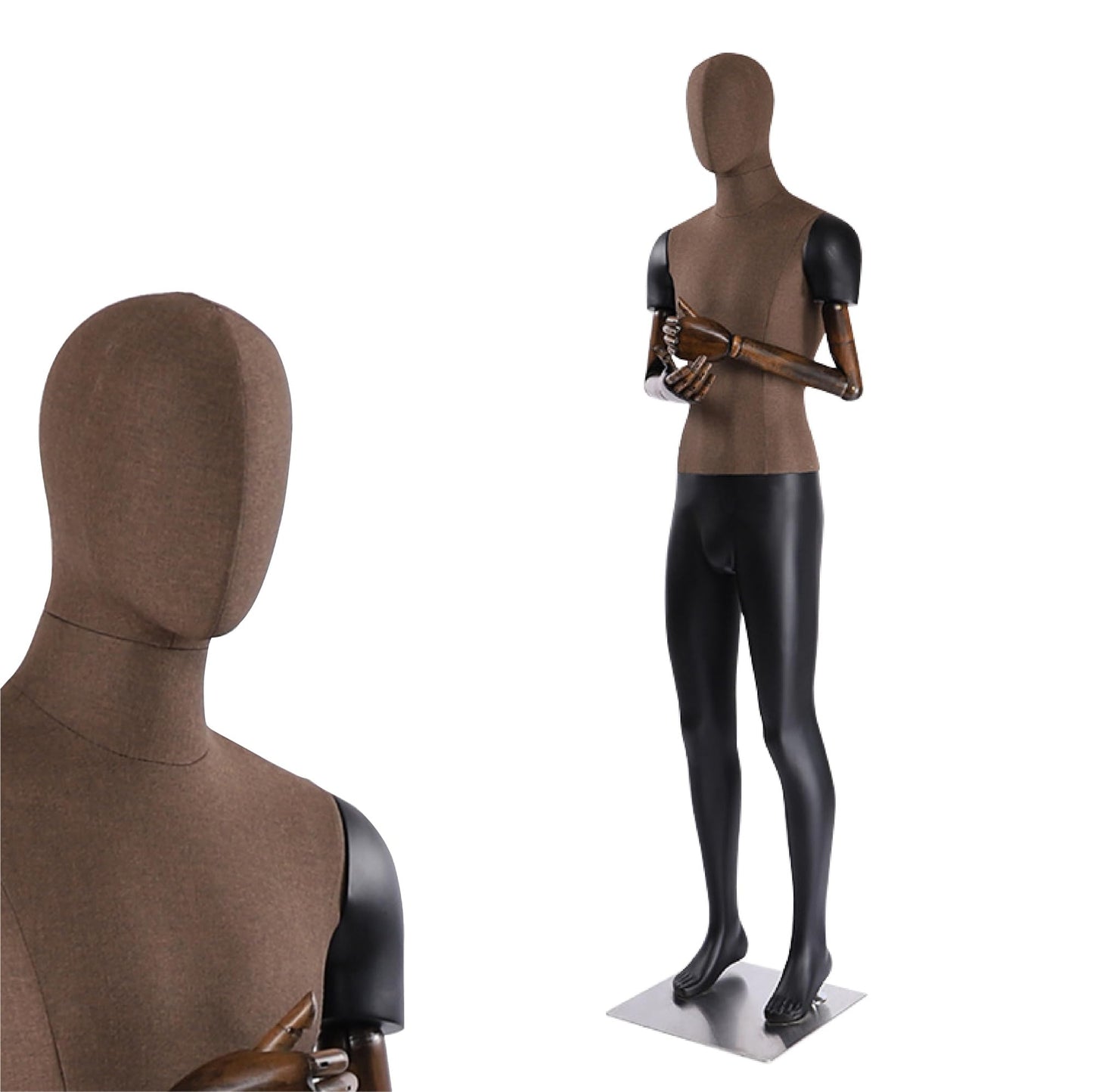 Male Mannequin with Articulated Wood Arms, Premium Fiberglass Dress Form with Linen Torso, Heavy Duty Stainless Steel Base, Flexible Display Dummy for Retail Store & Tailoring(Brown,Straight Leg)