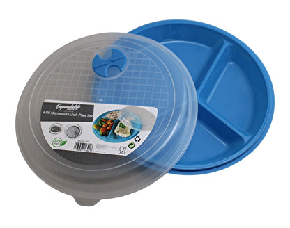 4-Pack Divided Microwave Plates with Vented Lids – BPA-Free, Stackable Meal Prep Plates – 3 Section Food Storage – Microwave, Freezer & Dishwasher Safe – 8.75” x 8.75”