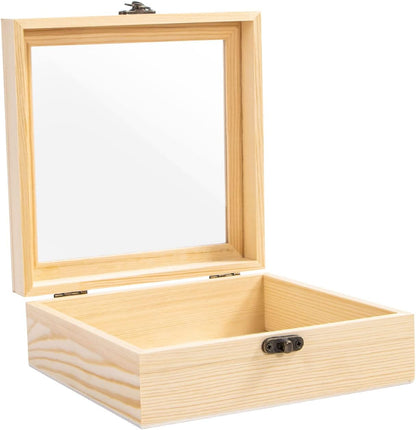 Unfinished Wooden Display Box with Glass Top, Small Hinged Lid Keepsake Storage Box for Jewelry and Home Decorations