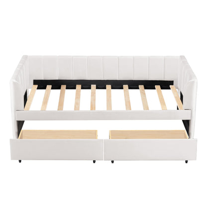Jintop Twin Size Velvet Daybed with Two Drawers and Stripe Shaped Headboard Design,Upholstered Wooden Storage Bed Frame,w/Ergonomic Design Backrest,for Bedroom,Living Room,Beige