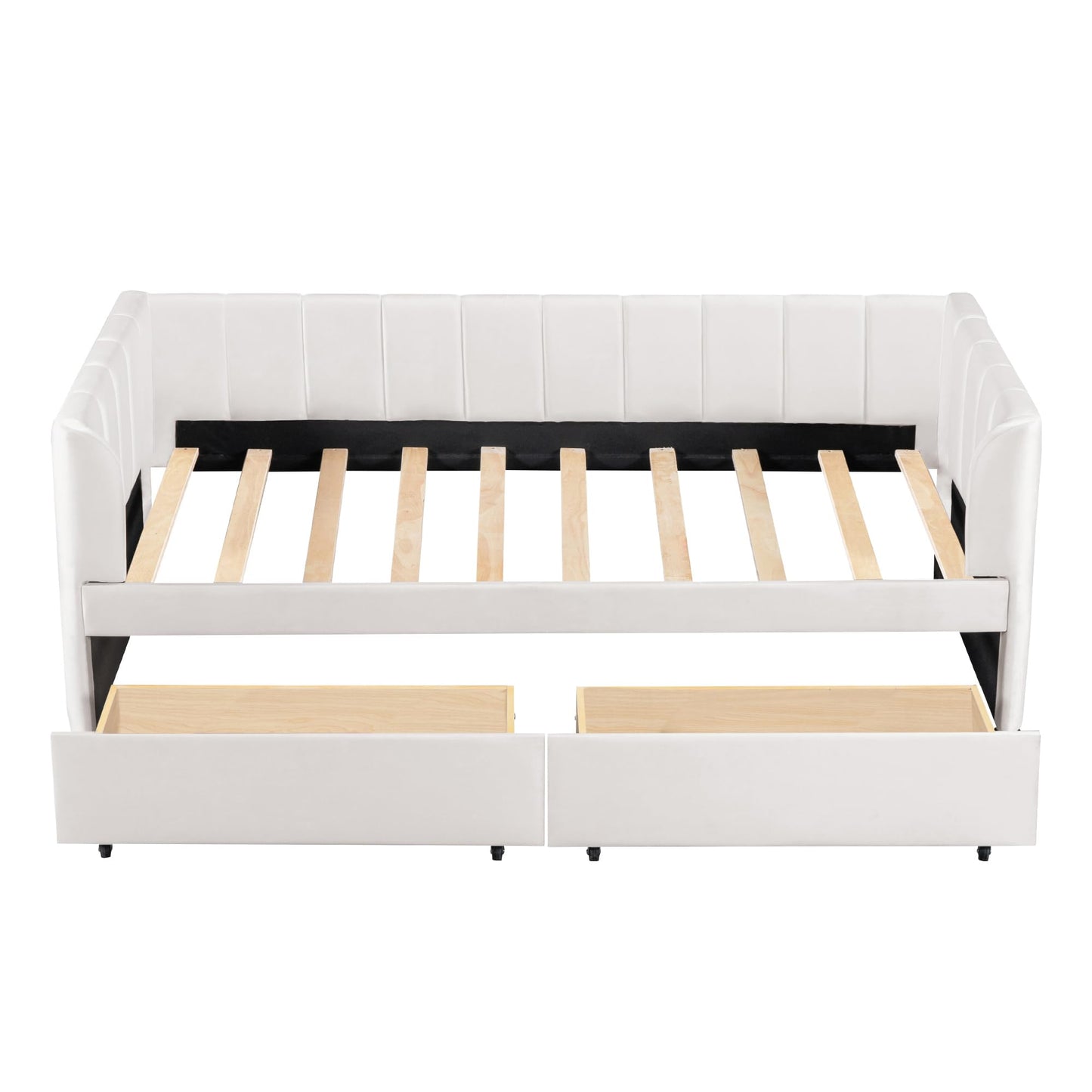 KTATK Twin Size Velvet Daybed with Two Drawers and Stripe Shaped Headboard Design,Upholstered Wooden Storage Bed Frame,w/Ergonomic Backrest,for Bedroom,Living Room,Beige