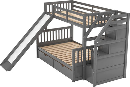 DNYN Full Size Loft Bed with Desk & Shelves & Ladder for Kids/Adults,Solid Wood Bedframe,High Loftbed with Safety Guardrails,Space Saving Design & No Box Spring Needed,79.3"×58.5"×65.4", Gray