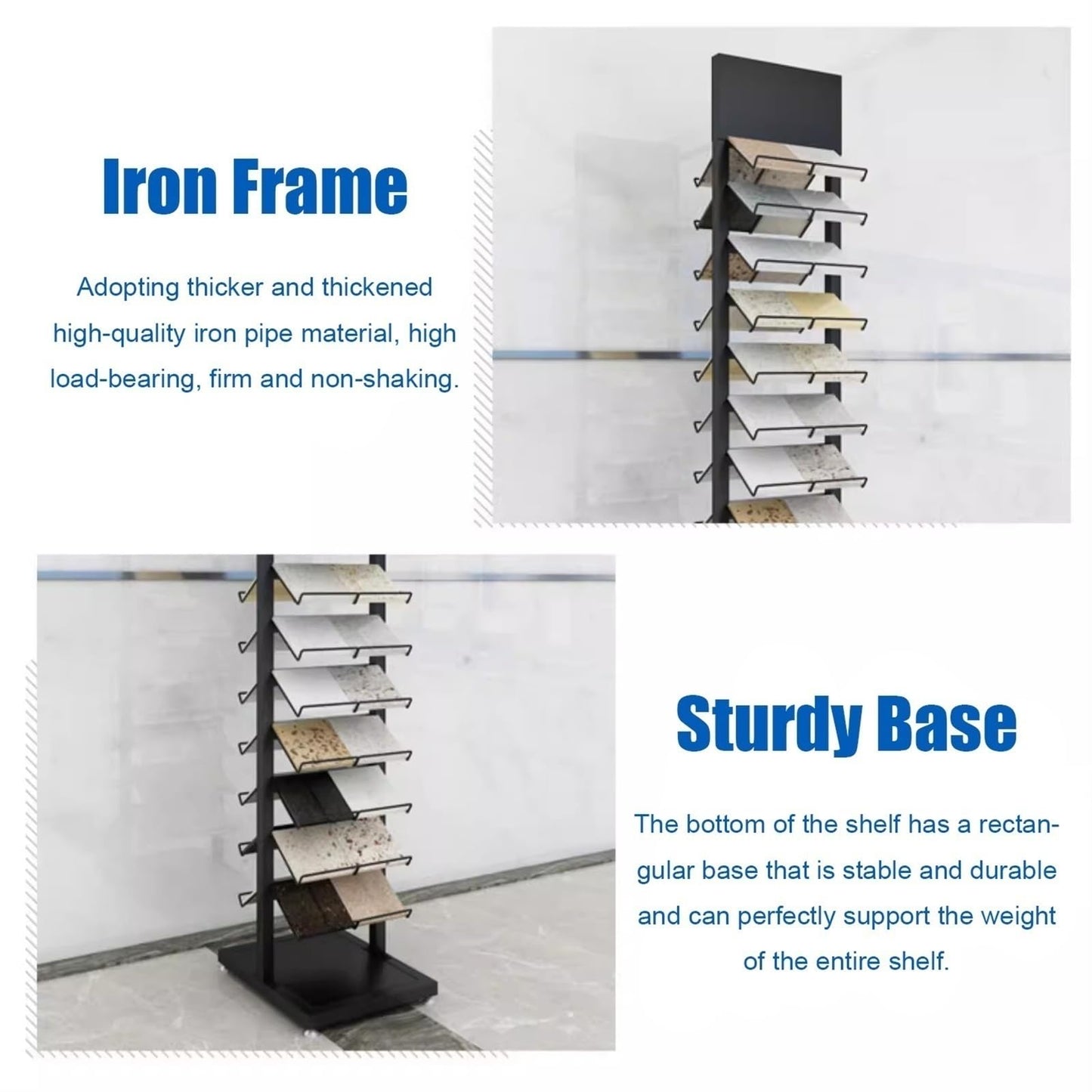 CVGfko Commercial Floor Tiles Sample Rack with Double,Side Shelf, Heavy Duty Retail Display Stand for Wooden Boards/Door Templates, Large Capacity & Space Saving,9.8x15.7x66.9in/25x40x170cm