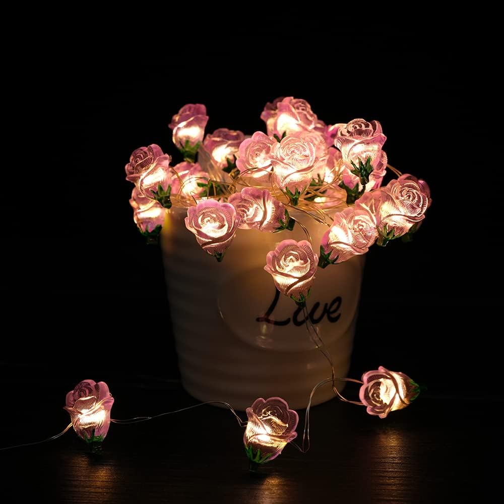 13FT 40LED Pink Rose Flower String Lights, Battery Operated Fairy Light Romantic Valentine's Day Decor, Decorative