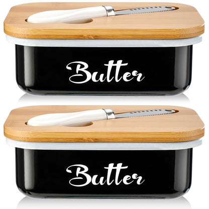 Butter Dish with Lid for Countertop, AISBUGUR Metal Butter Keeper with Stainless Steel Multipurpose Butter Knife, Butter Container with Double High-quality Silicone Good Kitchen Gift Set of 2 Black