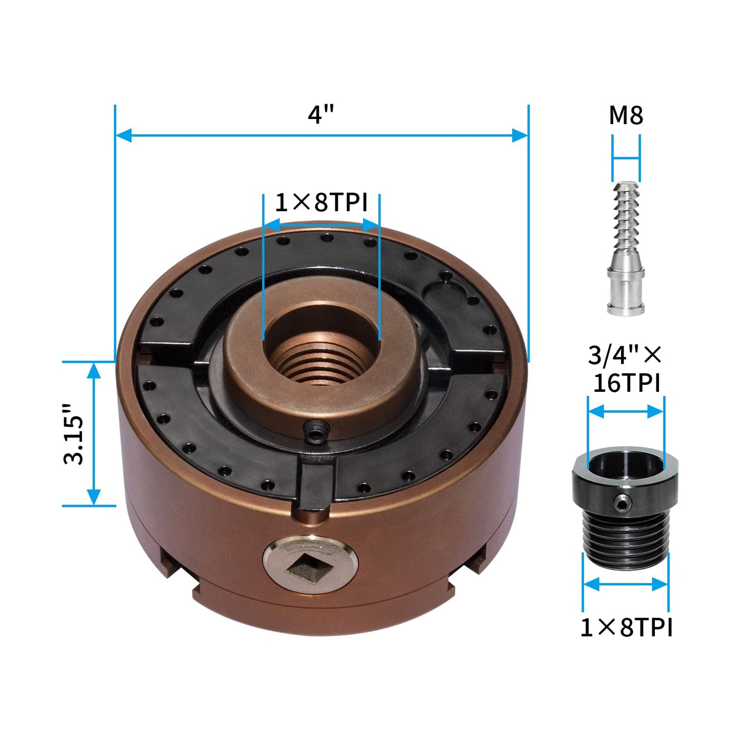 SIIIXS 4 Inch Wood Lathe Chuck Set 1"X8TPI Thread & 3/4"X16TPI Adapter, Self-Centering 4 Jaw Wood Turning Chuck
