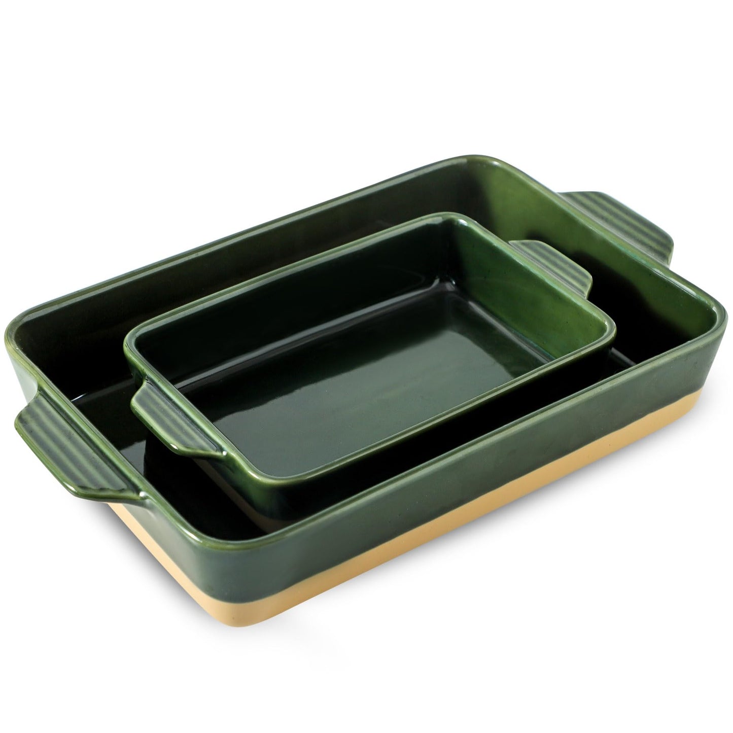 Howise Ceramic Baking Casserole Dish with Handles, Large 9x13 inch Pan and Middle Baking Pan - Porcelain Serving Bakeware Set (Forest Green)