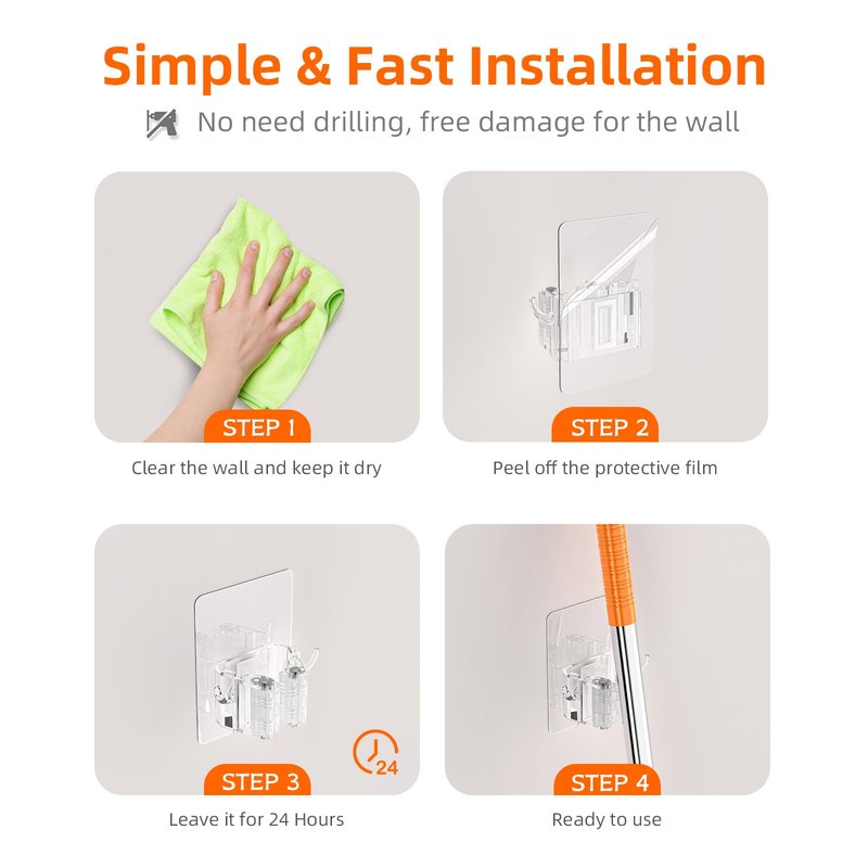 Batur Broom Holder Wall Mount, 4 Pack New Version Adhesive Mop and Broom Holder Wall Mount, Super Anti-Slip Broom Hanger Mop Organizer Wall Hanging for Bathroom, Kitchen, Laundry Room