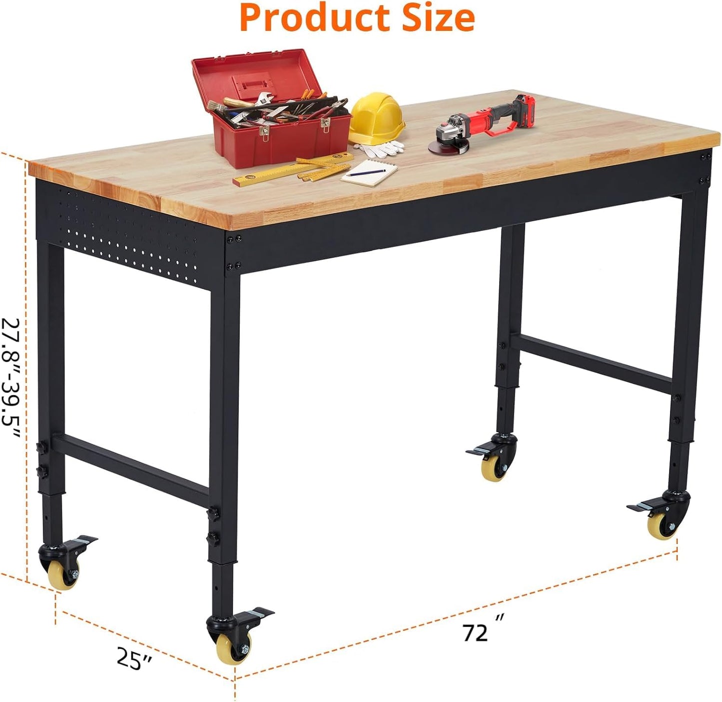 Adjustable Height Garage Workbench 72" X 25" - Heavy Duty 2000 lbs Capacity, Rubber Wood Top, Rolling Workstation with Drawer Storage, Power Outlets & Lockable Wheels - Perfect for Workshop