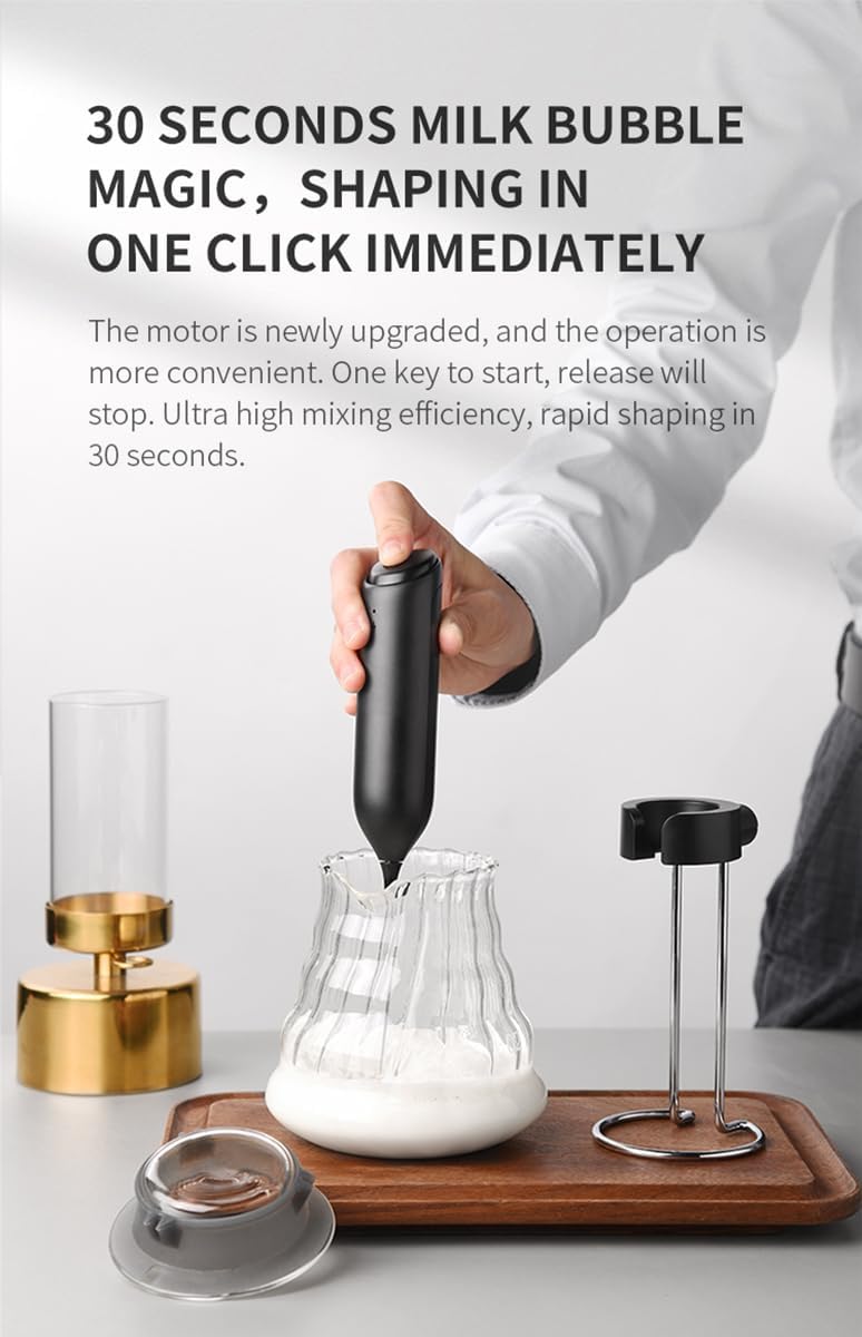 Handheld Milk Frother Wand Rechargeable with Stand for Latte, Electric Whisk Coffee Frother, Drink Mixer