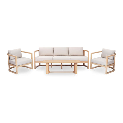 Merax 4 Piece Rattan Woven Paito Conversation Set, All-Weather Acacia Wood 3 Seater Sofa,2 Club Armchairs with Coushions, 1 Coffee Table for Porch, Lawn, Backyard, Balcony, Light Teak