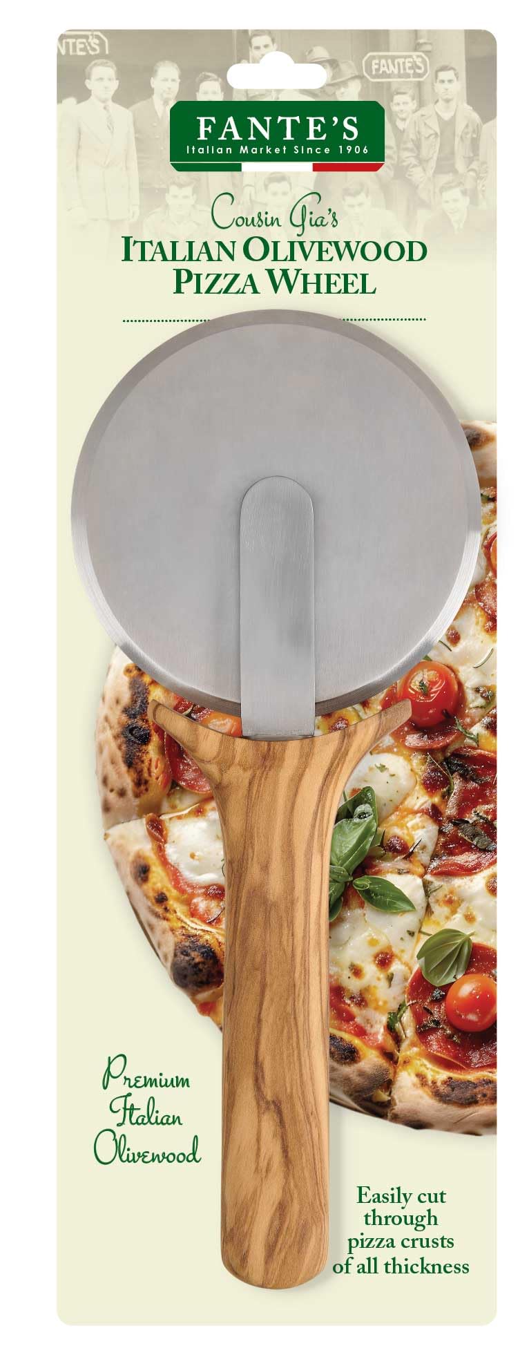 Fantes Italian Olivewood Pizza Wheel, Stainless Steel and Italian Olivewood, The Italian Market Original since 1906