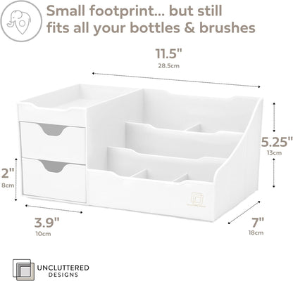 Uncluttered Designs Large Makeup Organizer for Vanity - Countertop Desk with Drawers for Cosmetic, White