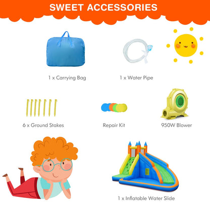 Costzon Inflatable Water Slide, Giant Bouncy Waterslide Park for Kids Backyard Outdoor Fun w/ 950w Blower, Climbing, Splash Pool, 2-pcs, Blow up Water Slides Inflatables for Kids Party Gift