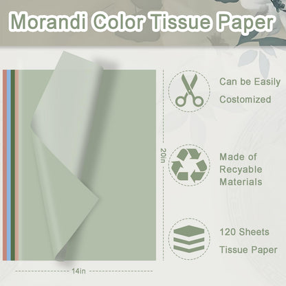 120 Sheets Morandi Series Gift Tissue Paper for Gift Bags, 20 x 14 Inch Sage Green Dark Green Cinnamon Light Blue Wrapping Paper for Birthday Wedding Baby Shower Art Crafts Christmas Party Supplies