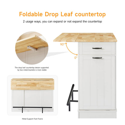 ONBRILL Stationary Kitchen Islands Include 2 Chairs, 47" Kitchen Island with Drop Leaf, Home Bar Table with Spice Rack & with Trash Cabinet, Island Table for Dining Room with Power Outlet, White