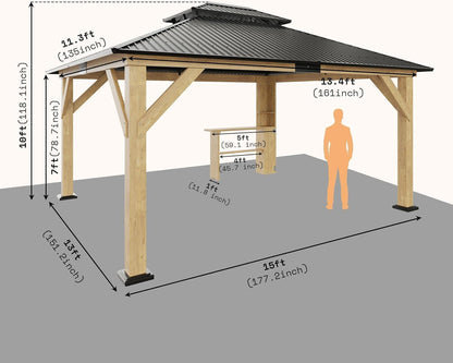 LUXOAK 13x15 Wood Gazebo, Hardtop Outdoor Gazebo with Aluminum Double Roof, Outdoor Wooden Pavilion for Parties, Backyard, Patio, Lawns, Black + Natural Wood