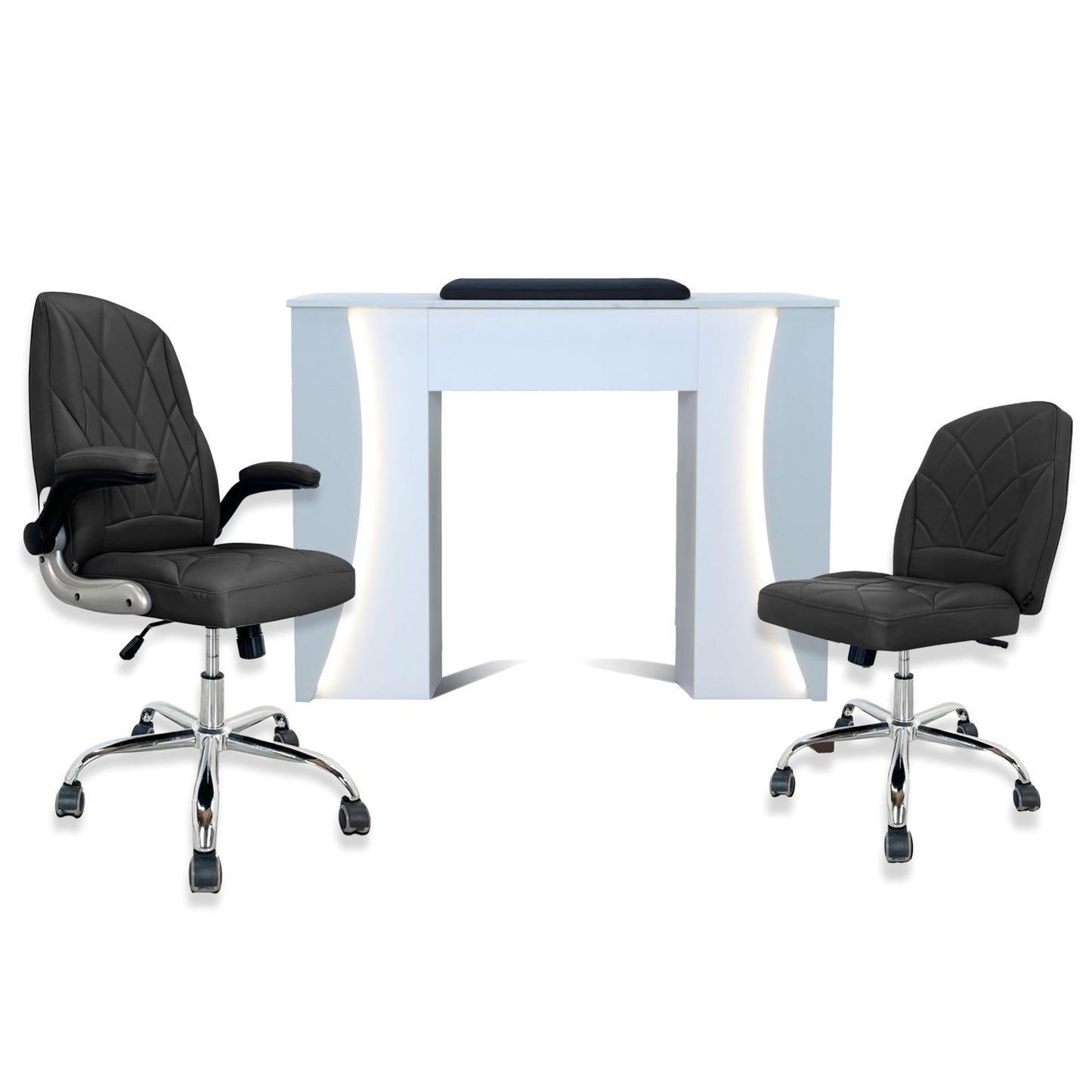 Venus Manicure Table Fan and Chair Set – Modern LED Nail Station Desk with Technician & Customer Chair, Ergonomic Design, Black & White Finish (Grey, Black)