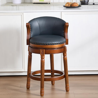GDFStudio Cow Top Leather Wooden Bar Stool with Backrest, 360 Degree Swivel Counter Height Bar Stool, Upholstered Solid Wood Rustic Farmhouse Bar Chair for Kitchen Island Home Bar Dining, New Blue 26"