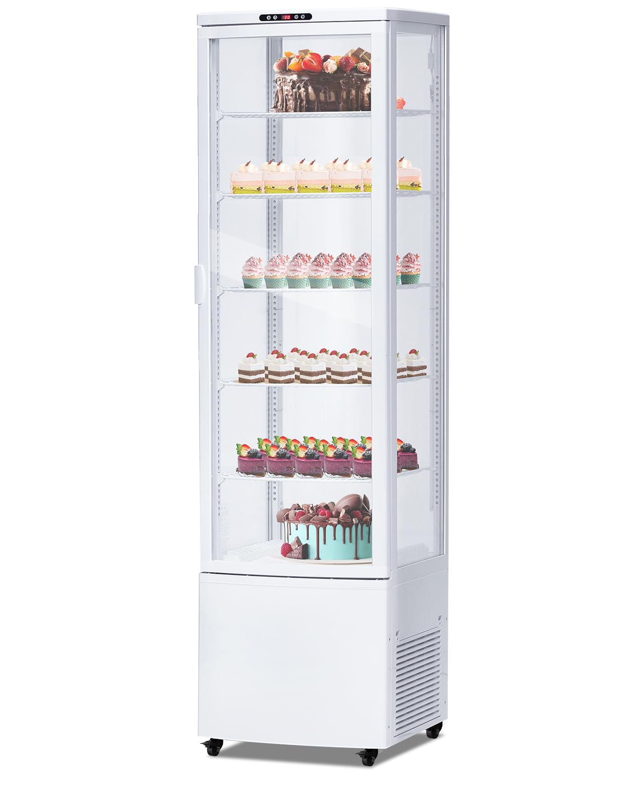 Takywep Commercial Display Refrigerator Case 10.9 Cu.ft, Floor-Standing Display Refrigerator with LED Light & Adjustable Shelves, Fridge Display Cabinet with Casters for Cakes, Coffee, Bakery, Store