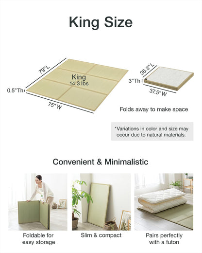 FULI Japanese Tatami Mattress, Foldable Igusa Rush Grass Tatami Rug, Natural Japanese Floor Mattress Mat Made in Japan, King