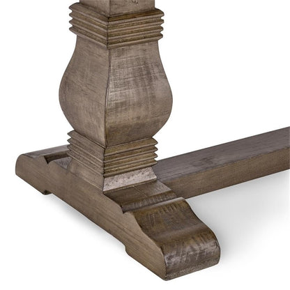MAKLAINE 83" Transitional Reclaimed Pine Wood Bench, Weathered Brown Finish, Hand Carved Pedestal Base, Seats Up to 4, Rustic Kitchen or Dining Room Seating