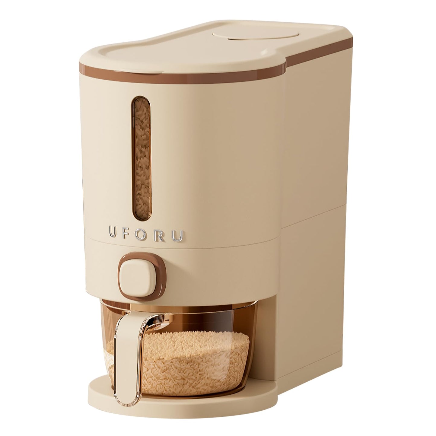 UFORU Rice Dispenser, Rice Storage Container with Measuring Cup for Kitchen Pantry Household, Cereal Dry Food Storage Containers Airtight, Sealed Moisture Proof (Brown 11 Lbs)