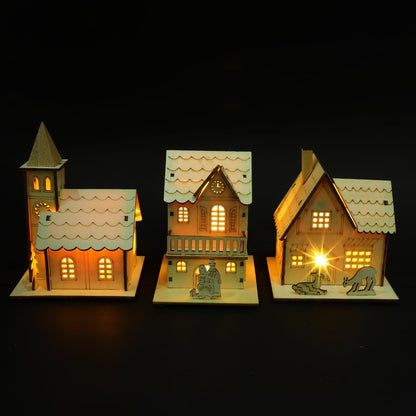 Skiennix Christmas Village Houses - LED Light Wooden Decor | Unfinished Rustic Design for Holiday Centerpieces