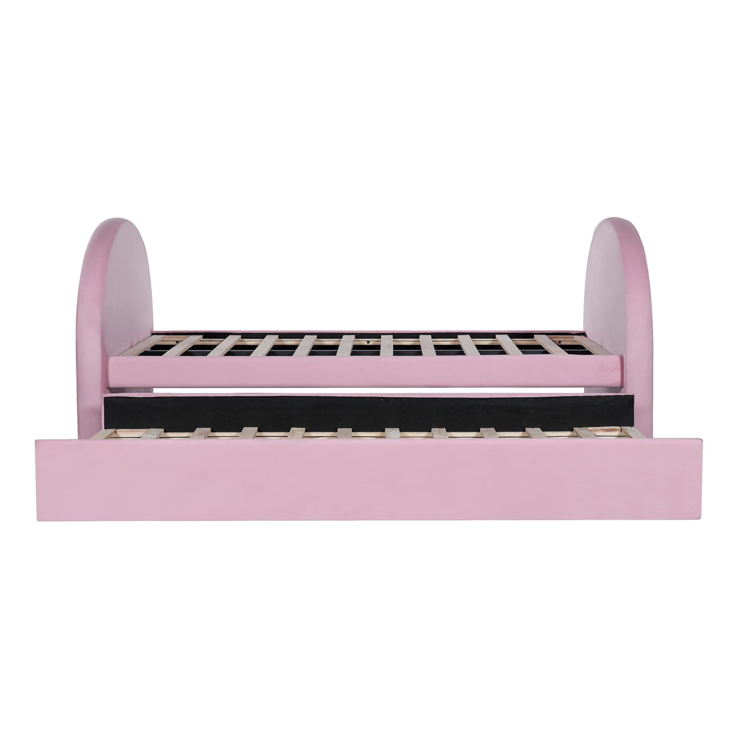 Christopher Knight Home Leonhart Velvet Upholstered Twin Size Bed Frames with Headboard/Footboard, Day Bed Frame Twin with Pull-Out Functionality, Iron Frame + Wooden Slat Trundle Bed Twin, Pink