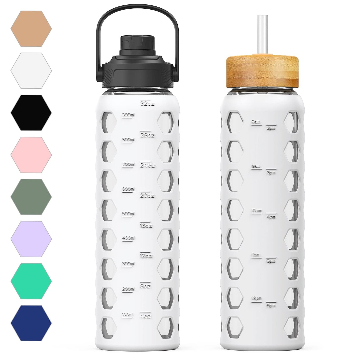 MUKOKO 32oz Glass Water Bottles with 2 Lids-Handle Spout Lid&Bamboo Straw Lid, Motivational Water Tumbler with Time Marker Reminder and Silicone Sleeve, Leakproof-White-1 Pack