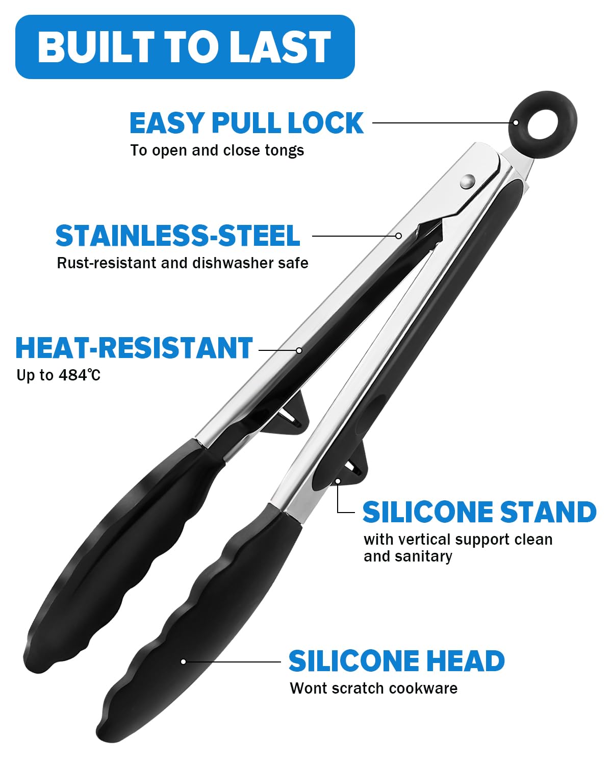 Kitchen Tongs for Cooking, Non Scratch Silicone Tip for Nonstick Cooking Pans, Food Grade Mini Serving Tongs, Pull Lock, Set of 3, Black (BLack, 9 inch)