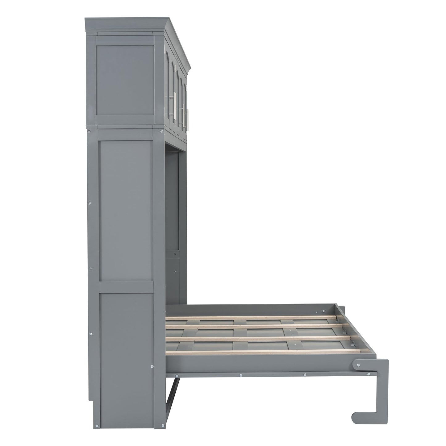 Merax Modern Farmhouse Solid Wood Murphy Cabinet Bed with Top Cabinets, Tall Wall Platform Bed No Box Spring Needed/Easy Assemble Queen,Gray